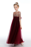 Cute Burgundy A Line Tulle Flower Girl Dresses With Sequins APF0025