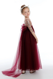 Cute Burgundy A Line Tulle Flower Girl Dresses With Sequins APF0025