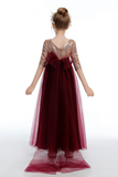 Cute Burgundy A Line Tulle Flower Girl Dresses With Sequins APF0025