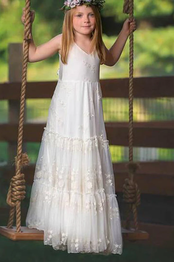 Simple V Neck Sleeveless With Lace Appliques Flower Girl Dresses APF0026