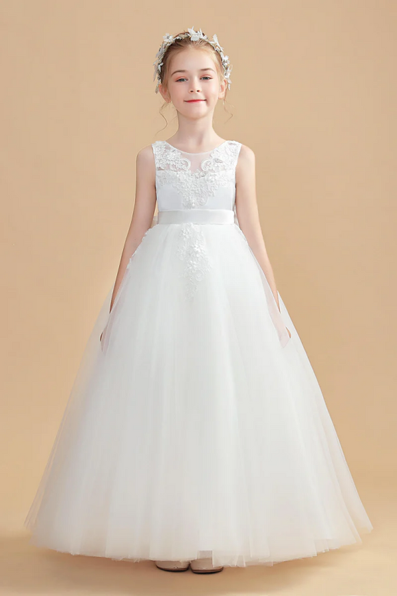 Tulle Sleeveless Ivory Flower Girl Dresses With Bowknot APF0027