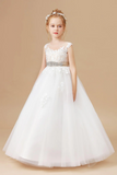 Ivory Sleeveless Tulle Satin Flower Girl Dresses With Champagne Bowknot APF0028