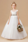 Ivory Sleeveless Tulle Satin Flower Girl Dresses With Champagne Bowknot APF0028