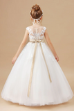 Ivory Sleeveless Tulle Satin Flower Girl Dresses With Champagne Bowknot APF0028