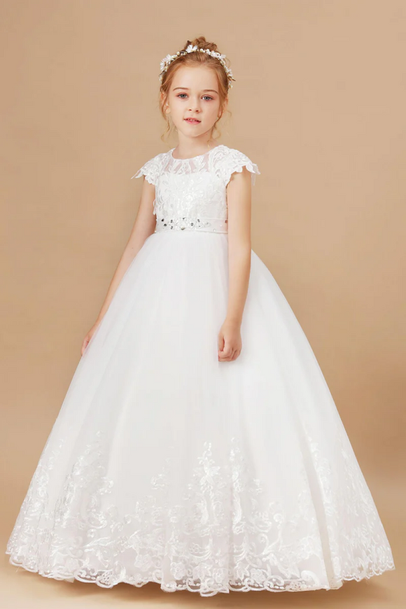 Princess Lace Tulle Satin Flower Girl Dresses With Bowknot APF0030