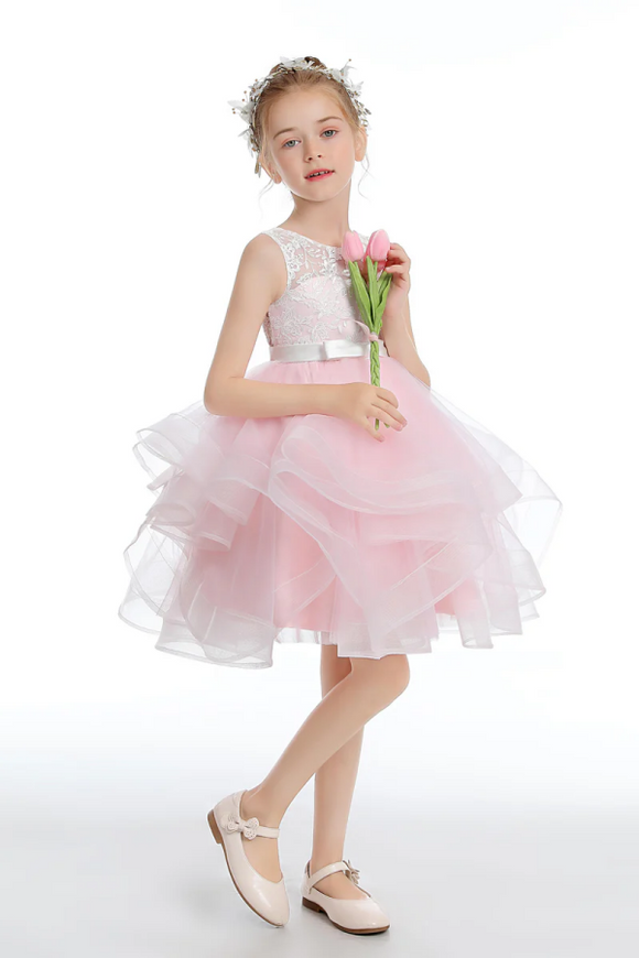 Pink Layered V Back Tulle Flower Girl Dresses APF0031