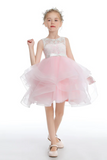 Pink Layered V Back Tulle Flower Girl Dresses APF0031