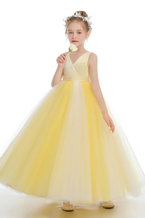 Sleeveless V Neck Yellow Tulle Flower Girl Dresses APF0033