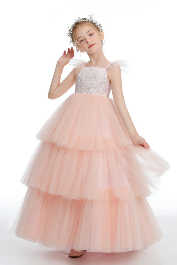 Ruffles Layered Pink Tulle Flower Girl Dresses With Bowknot APF0034