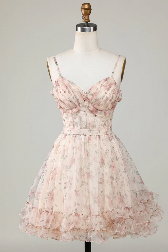 Champagne A Line Corset Floral Short Homecoming Dress APH0285