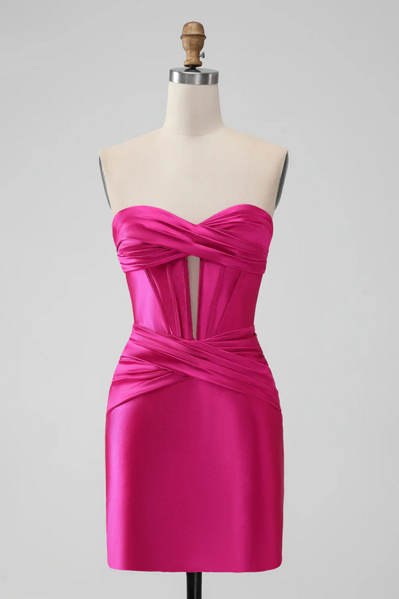 Satin Fuchsia Strapless Bodycon Homecoming Dress With Hollow APH0286