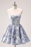 A Line Blue Corset Strapless Ruffles Floral Short Homecoming Dress APH0287