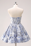 A Line Blue Corset Strapless Ruffles Floral Short Homecoming Dress APH0287