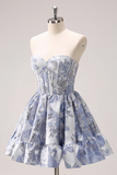 A Line Blue Corset Strapless Ruffles Floral Short Homecoming Dress APH0287