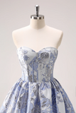 A Line Blue Corset Strapless Ruffles Floral Short Homecoming Dress APH0287