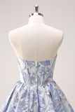 A Line Blue Corset Strapless Ruffles Floral Short Homecoming Dress APH0287