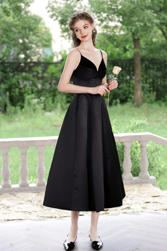 A Line V Neck Tea Length Satin Black Prom Dress, Black Formal Dress APP1022