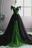 A Line Black and Green Sweetheart Tulle Long Party Dress, Black and Green Evening Dress APP1023