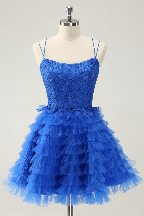 Blue A Line Spaghetti Straps Tulle Cute Homecoming Dress With Ruffles APH0289