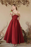 A Line Off Shoulder Sweetheart Neck Tea Length Burgundy Prom Dress APP1025