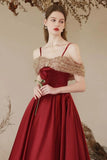 A Line Off Shoulder Sweetheart Neck Tea Length Burgundy Prom Dress APP1025