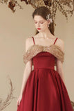 A Line Off Shoulder Sweetheart Neck Tea Length Burgundy Prom Dress APP1025