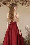 A Line Off Shoulder Sweetheart Neck Tea Length Burgundy Prom Dress APP1025