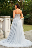 Beautiful A Line Princess Tulle Applique Sweetheart Sleeveless Court Train Prom Dresses APP1027