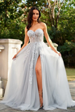 Beautiful A Line Princess Tulle Applique Sweetheart Sleeveless Court Train Prom Dresses APP1027