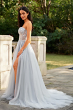 Beautiful A Line Princess Tulle Applique Sweetheart Sleeveless Court Train Prom Dresses APP1027