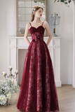 A Line Tulle Lace Burgundy Long Prom Dress, Burgundy Long Formal Dress APP1028