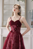 A Line Tulle Lace Burgundy Long Prom Dress, Burgundy Long Formal Dress APP1028