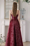 A Line Tulle Lace Burgundy Long Prom Dress, Burgundy Long Formal Dress APP1028