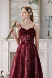 A Line Tulle Lace Burgundy Long Prom Dress, Burgundy Long Formal Dress APP1028