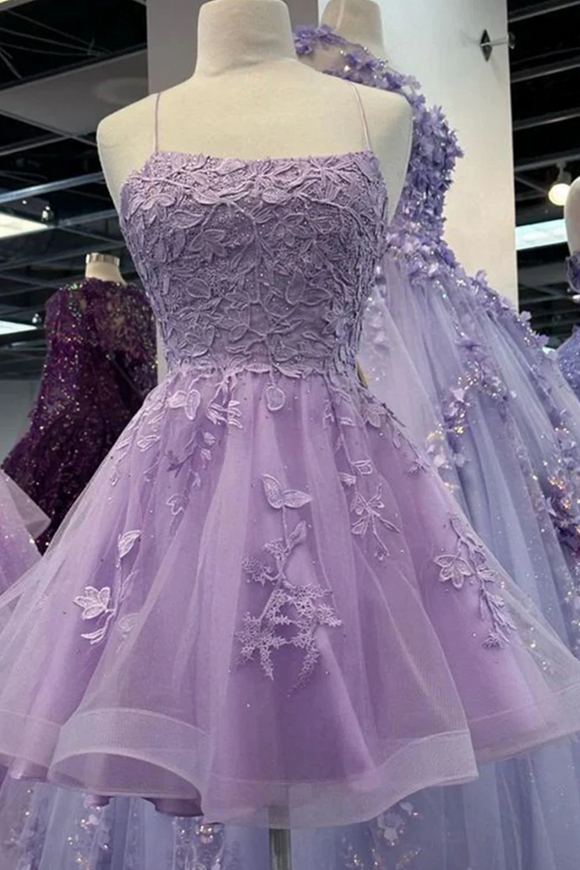 Light Purple Knee Length Party Dress, Short Homecoming Dress with Lace APH0293