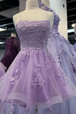 Light Purple Knee Length Party Dress, Short Homecoming Dress with Lace APH0293