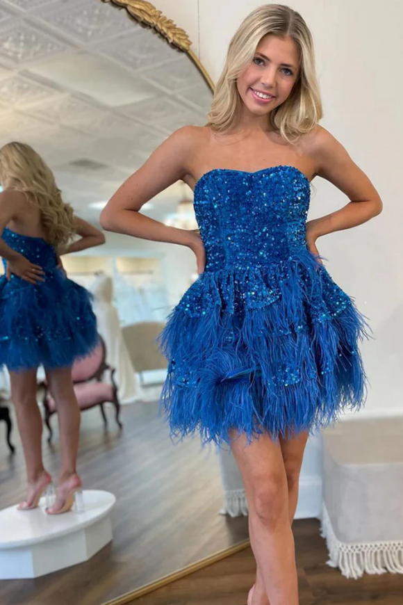 Princess Strapless Blue Sequins Short Prom Dresses with Feather APH0294