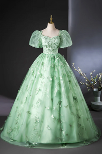 Green Tulle Long A Line Prom Dress with Butterfly Lace, Beautiful Short Sleeve Evening Dress APP1030