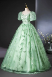 Green Tulle Long A Line Prom Dress with Butterfly Lace, Beautiful Short Sleeve Evening Dress APP1030