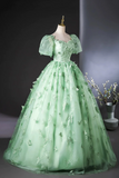 Green Tulle Long A Line Prom Dress with Butterfly Lace, Beautiful Short Sleeve Evening Dress APP1030