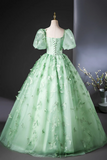 Green Tulle Long A Line Prom Dress with Butterfly Lace, Beautiful Short Sleeve Evening Dress APP1030