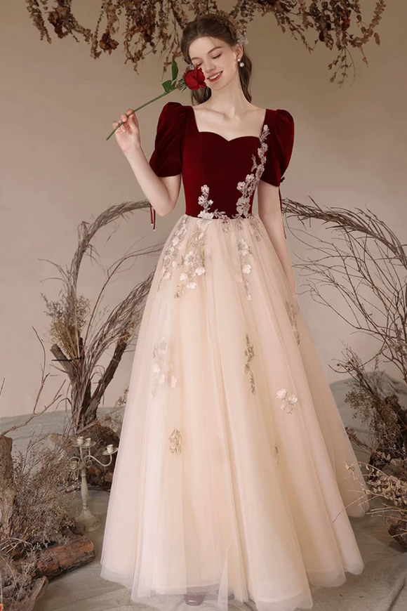 Burgundy Velvet and Tulle Long Prom Dress, Elegant A Line Short Sleeve Evening Dress APP1031