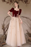 Burgundy Velvet and Tulle Long Prom Dress, Elegant A Line Short Sleeve Evening Dress APP1031