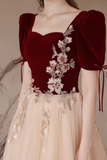 Burgundy Velvet and Tulle Long Prom Dress, Elegant A Line Short Sleeve Evening Dress APP1031