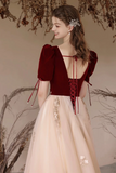 Burgundy Velvet and Tulle Long Prom Dress, Elegant A Line Short Sleeve Evening Dress APP1031