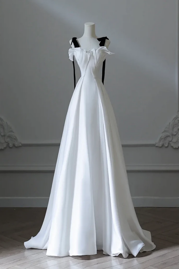 Simple A Line Satin White Long Prom Dress, White Long Formal Dress APP1032