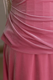 Mermaid Velvet Beads Pink Long Prom Dress, Pink Long Formal Dress APP1033