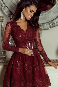 A Line V Neck Short Burgundy Lace Prom Dresses, Lace Homecoming Dresses APH0295