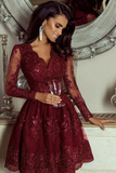 A Line V Neck Short Burgundy Lace Prom Dresses, Lace Homecoming Dresses APH0295