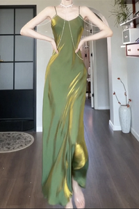 Pretty Green Straps Long Formal Dress, Green Satin Party Dress Evening Dress APP1034